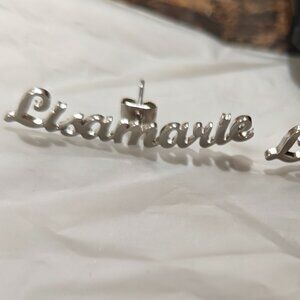 Name Earrings, "Lisamarie". Silver Plated. New